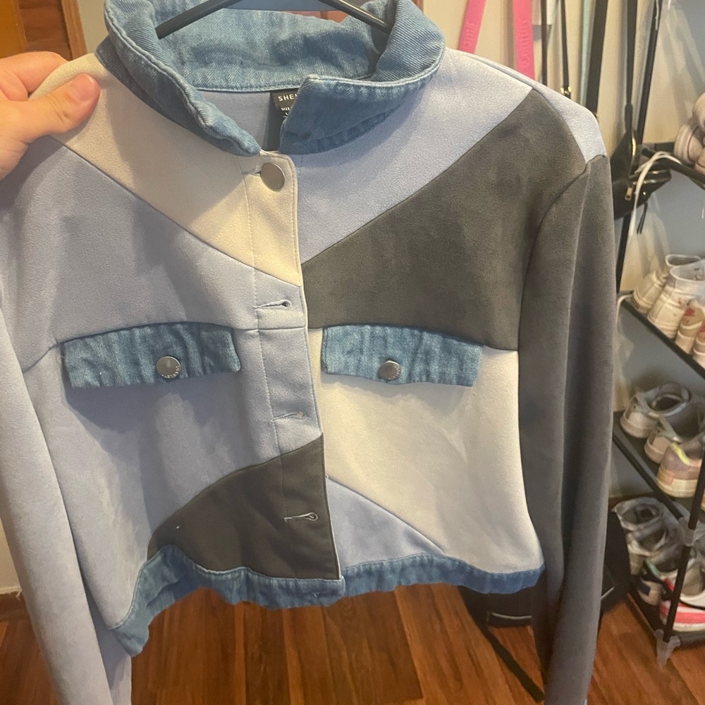 SHEIN Blue and Gray Jean Jacket Cropped Colorblock